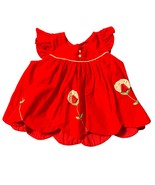 Vintage Red Ruffle Sleeve Scalloped Hem Dress W/ Floral Embroidery 18M - $352.80 MXN