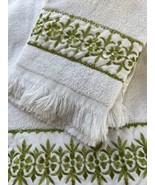 Cannon Royal Family 2pc Bath Hand Towel Set MCM White w Green Emb Fringe... - $29.99