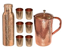 Pure Copper Hammered Water Pitcher Jug Brass Knob Hammered Bottle Tumble... - £63.06 GBP