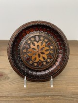 Vintage Polish Hand Carved Wood Dish 6.25” Flowers Petals Inlaid Brass Circles - £29.57 GBP