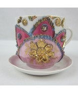 Antique Victorian German Teacup &amp; Saucer Lusterware Pink Gold Flower Rel... - £47.95 GBP