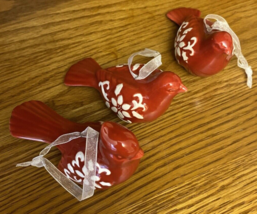 Set of THREE Bird Christmas Ornaments Red Ceramic White Trim Cottage Core - £15.81 GBP