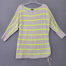 Express Womens Shirt Size M Gray Bold Neon Stripe Knit 3/4 Sleeve Cinch Tie Top - £7.97 GBP
