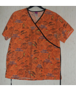 EXCELLENT WOMENS Disney CHESHIRE CAT &quot;HAPPY HALLOWEEN&quot; ORANGE SCRUBS TOP... - $429.23 MXN