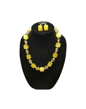 Vintage Yellow Moonglow Cube Necklace &amp; Earring Set – 22&quot; Retro Jewelry - $54.45