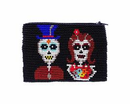 Day of the Dead Skeleton Couple Czech Glass Seed Beaded Coin Purse Zipper Pouch  - $24.74