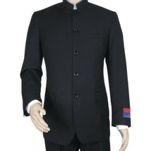 Men Apollo King Banded Collarless suit Mandarin 5 Button Wide leg M5-1 Black image 2