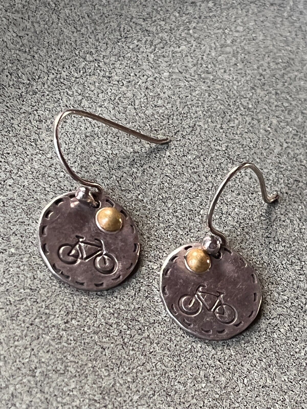 Far Fetched Signed Thin Silver Disk w Stamped Bike & Goldtone Dot Dangle Earring - $13.09