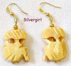 Wood Wooden Dangle Earrings Natural Mask, Carved Tube - £7.81 GBP