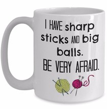 Funny Knitting Mug Sharp Sticks Big Balls Be Afraid Novelty Circle Gift Coffee - £15.11 GBP