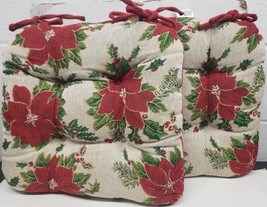 2 Tapestry Chair Cushion pads w/ties,16&quot;x16&quot;, CHRISTMAS POINSETTIA FLOWE... - £23.29 GBP