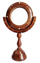 Vintage Hand Carved Wooden Table Top Round Portable Makeup Mirror with Stand - £24.26 GBP