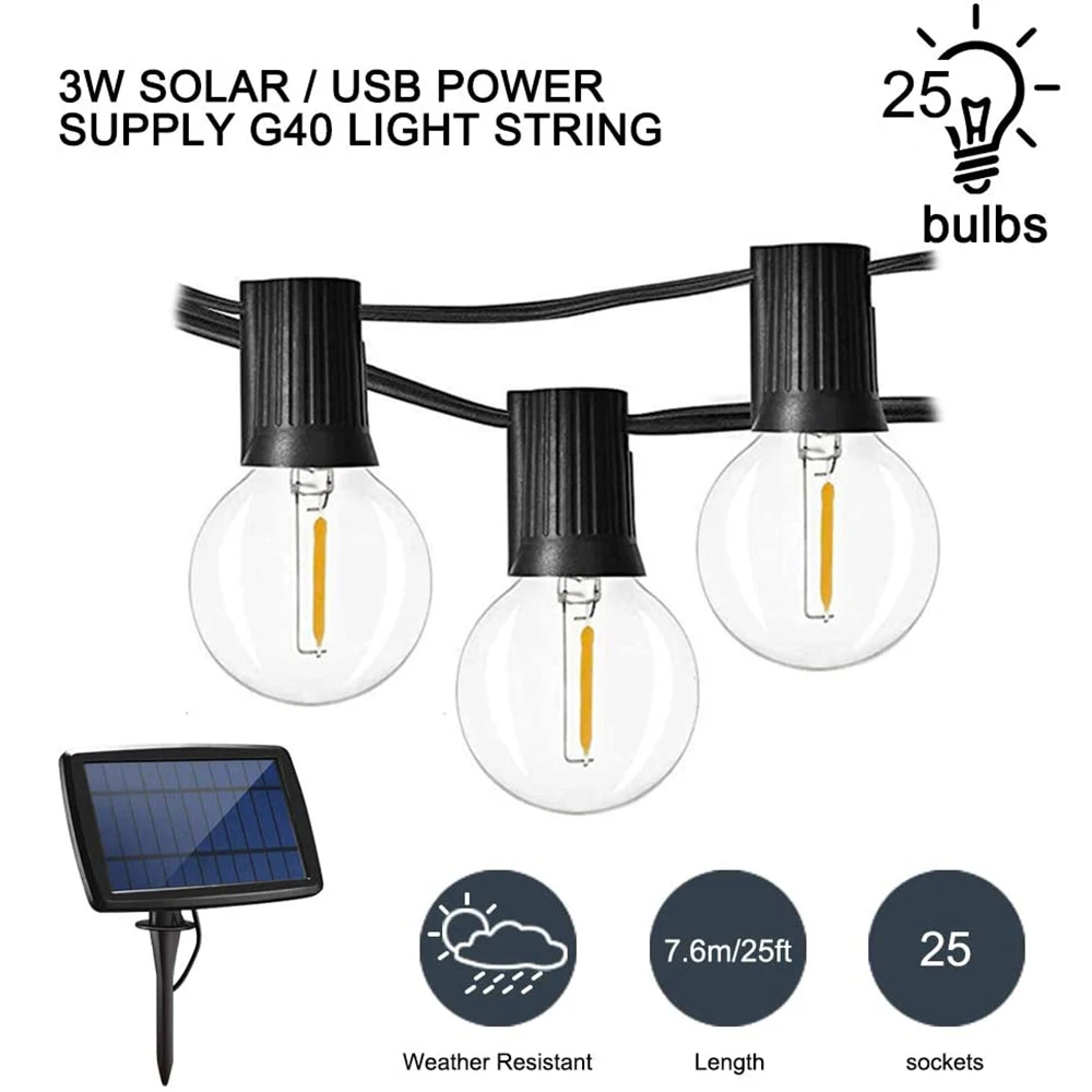 7.6M G40 Solar LED String light E12 25PCS Plastic Bulbs Waterproof Warm White Ou - £80.76 GBP