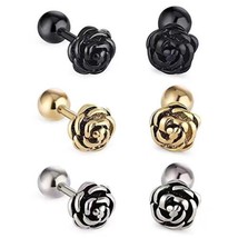 Silver Gold Black Surgical Steel Small Rose Screw Back Stud Earrings Mens Womens - £8.01 GBP