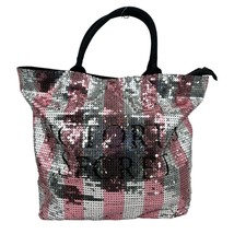 Victoria&#39;s Secret sequin tote bag large pink silver black travel multi-p... - $19.80