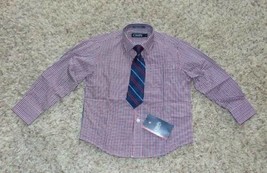 Boys Dress Shirt &amp; Tie 2 Pc Chaps Red Blue Plaid Long Sleeve Button Front Set- 4 - $12.87