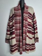 Lucky Brand Long Open Cardigan Womens Large Red Stripe Tan Long Sleeve - £19.58 GBP