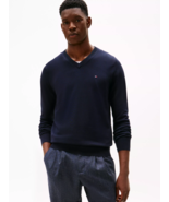Tommy Hilfiger Sz L Blue Navy Solid Logo V Neck Sweater Pullover Stretch - $16.30