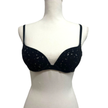 Women Black Pushup Underwire Padded Bra 32A Spell Out Sparkle Silver Moons Stars - £10.08 GBP