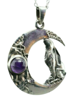 Moon Gazing Hare Necklace Amethyst Gemstone 925 Silver 18&quot; Chain Boxed Pagan - £31.15 GBP