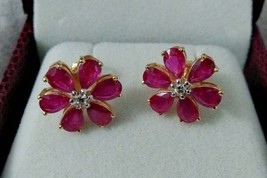 4Ct Simulated Pear Cut Red Ruby &amp; Diamond Stud Earrings 14K Yellow Gold Finish - £85.62 GBP