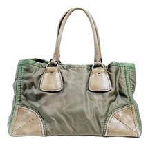 Prada Hand Bag Green Nylon + Brown Leather Clean Interior Inner Pockets ... - £180.52 GBP