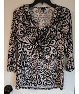 Womens M Rafaella Black/White/Gray Print Round Ruffled Neck Shirt Top Bl... - £14.73 GBP