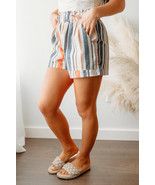 Stripe Vintage Washed Elastic Frill Waist Casual Shorts - $11.16