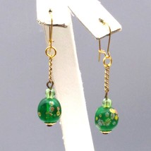 Vintage Long Dangle Millefiori Glass Earrings, Gold Tone with Frosted Green - £25.46 GBP