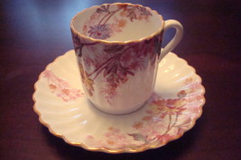 Limoges, France, handpainted, coffee &amp; and saucer, pink flowers &amp; gold[4-59] - £35.62 GBP