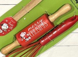 PEANUTS Snoopy Christmas Silicone 3 Pc Baking Set Whisk Spatula Rolling Pin NEW - £30.01 GBP