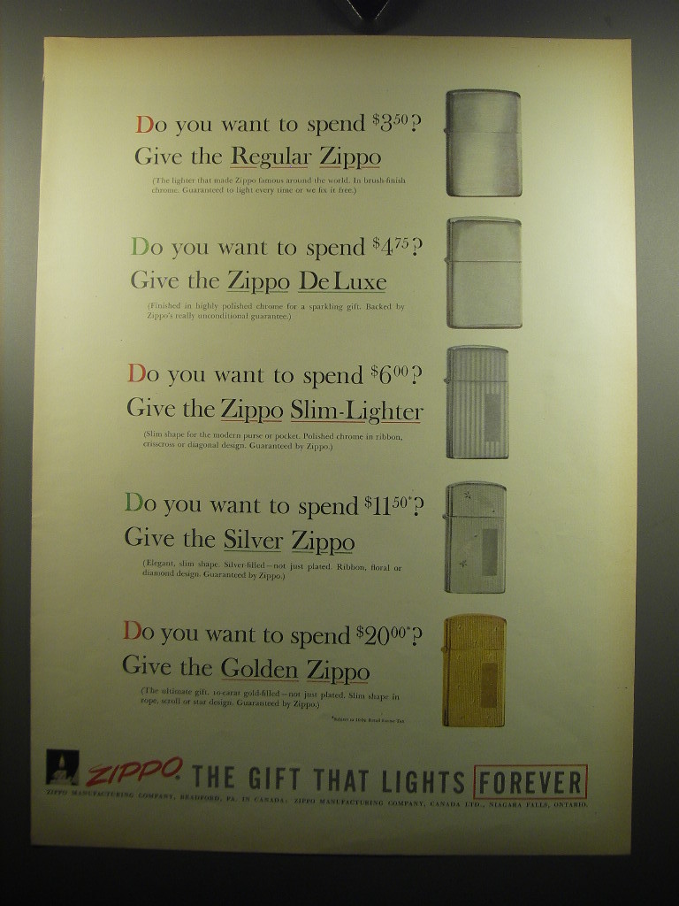 1957 Zippo Cigarette Lighters Ad - Regular, De Luxe, Slim-Lighter, Silver Zippo - $18.49