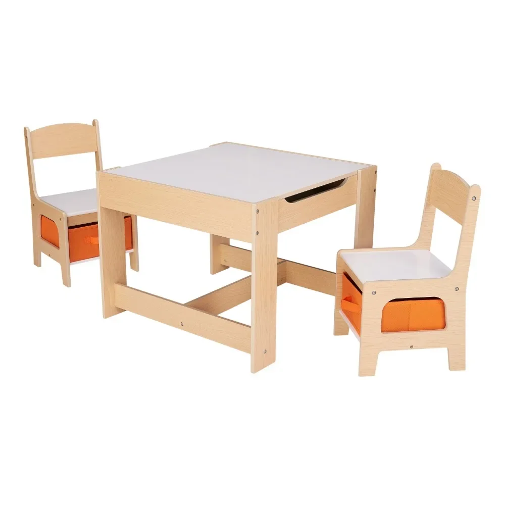 Kids Wooden Storage Table and Chairs Set, Natural Color, Melamine, 3 Pie... - $179.59