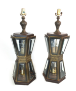 Vintage Pair Beveled Glass Double Lantern Wood &amp; Metal Panel Lamps w/Can... - £313.80 GBP