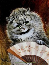 Fluffy Cat With Floral Fan 8.5x11&quot; Photo Print Louis Wain Feline Animal Painting - $8.01