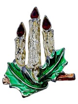 Christmas Candle Brooch Pin Vintage Jewelry Holly Triple Red Flames Holi... - £7.98 GBP