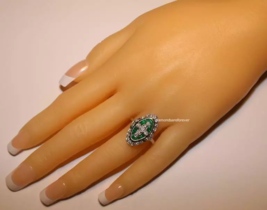 Mid-Century Green Emerald With Old European Cut CZ Art Deco Women&#39;s Fine Ring - $653.22