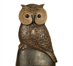 Owl Figurine 10" High Carved Wood Look Brown Wild Bird Nature Forest Poly Stone