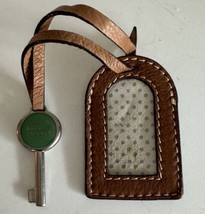 Fossil ID Luggage Hang Tag Bag Charm Key Fob Brown blue Leather Canvas Strap - £10.24 GBP