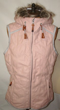 New NWT Womens S Prana Faux Fur Hooded Vest Blush Pink Gray Logo Chevron Pockets - $206.91