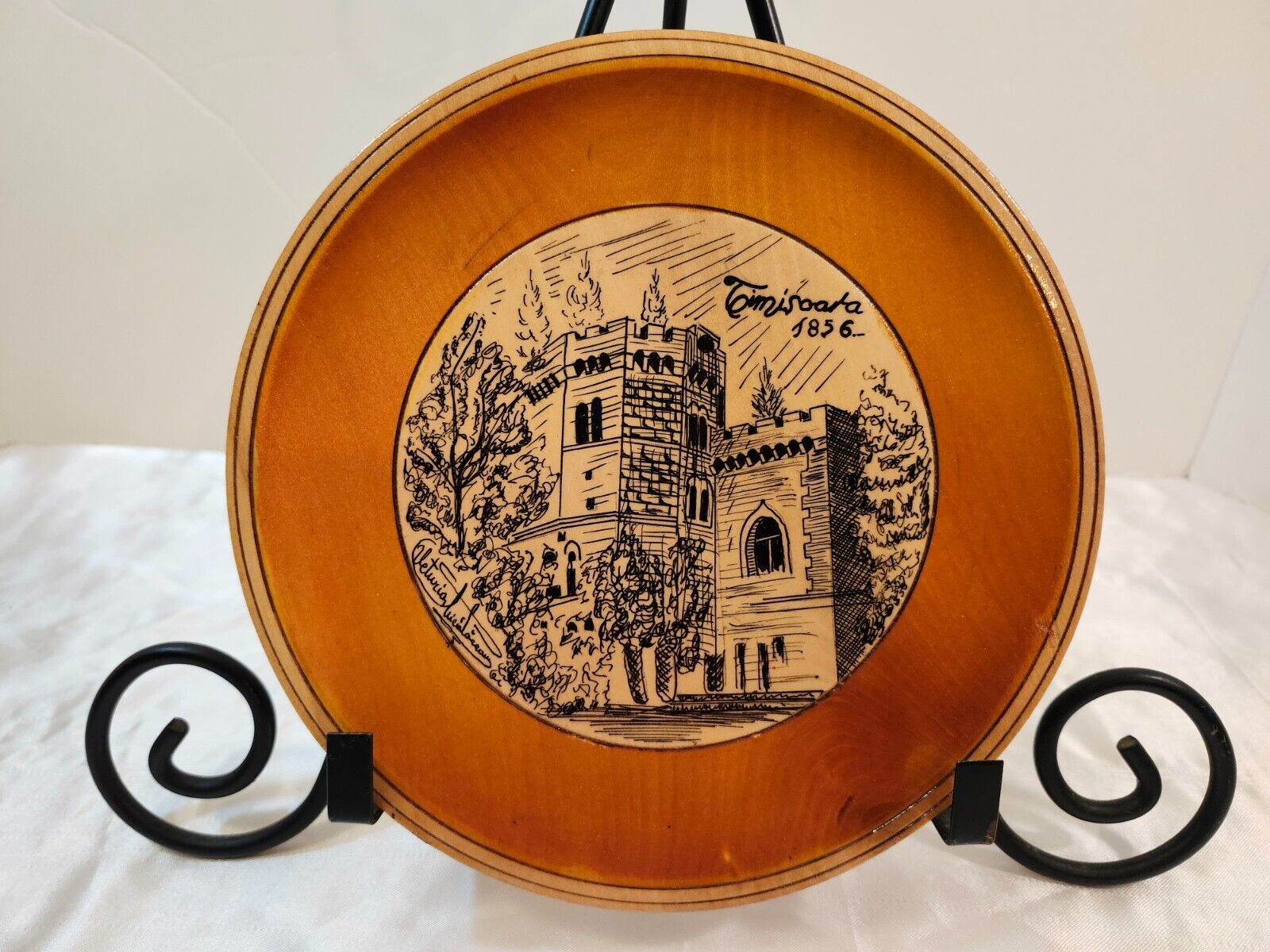 Primary image for Vintage Timisoara 1856 Romania Mauchine Ware Shallow Wood Bowl Transfer Print