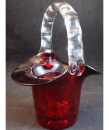 Small BLOWN GLASS BASKET Red Textured HAND BLOWN GLASS w/ Clear Handle 6&quot; T - $8.52 CAD