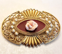 Gold Tone Filigree Oval Pin 2.5&quot; VTG Faux Pearl Porcelain Pink Rose Brooch - £15.52 GBP
