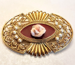 Gold Tone Filigree Oval Pin 2.5&quot; VTG Faux Pearl Porcelain Pink Rose Brooch - £15.75 GBP