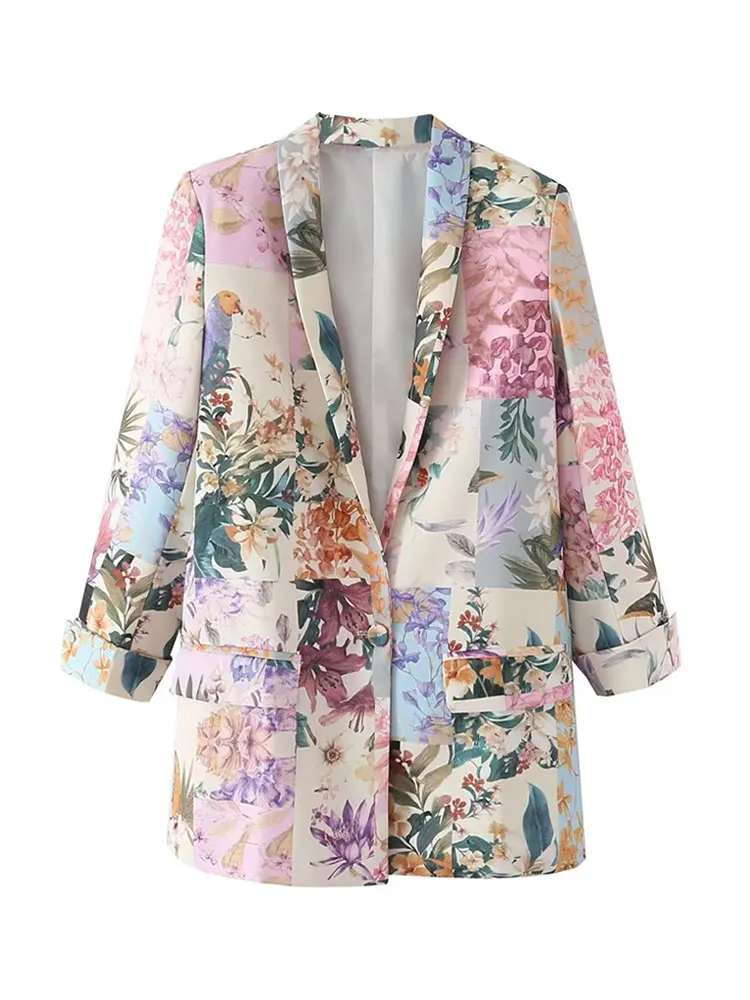 Zevity Women  Front Button Floral Print Blazer Coat Vintage Long Sleeve Flap Poc - £129.75 GBP