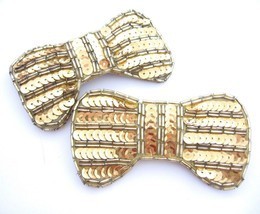 Sequin And Bead Bow Barrettes Vintage Pair Set Of 2 Hair Jewelry Goldtone - £13.23 GBP