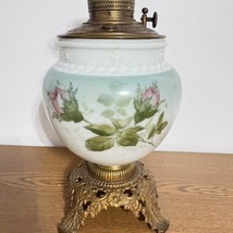 Antique Bristol Brass &amp; Clock Co. Oil Lamp White Glass Painted Rose Bras... - $93.09