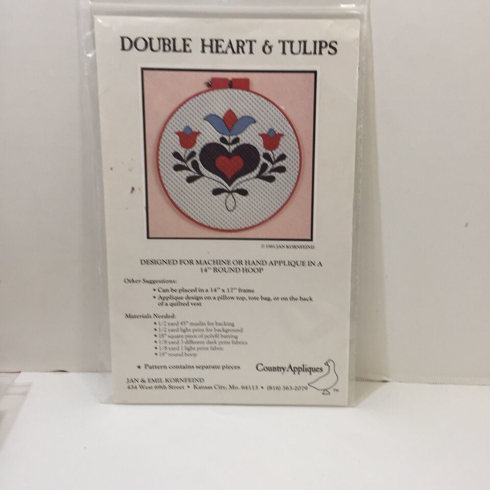 Double Heart & Tulips Applique Pattern 14" Round Hoop Country Appliques - $12.86