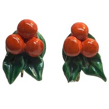 Ceramic Double Holly Leaf &amp; Berries Screw Back Earrings Small Chip England - $11.97