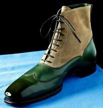 Men Two Tone Green Beige Contrast Handmade High Ankle Suede Leather Lace up Boot - £117.70 GBP